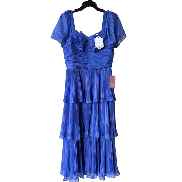 IVY CITY CO. womens Cecily Midi Dress size 2 Cobalt Blue Sparkly Tier Pleated - Picture 6 of 11